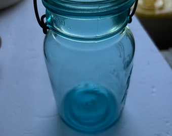 One Quart Vintage July 14, 1908 Aqua Blue Ball Ideal Mason Jar with Glass Lid, Hardware and Wire Bail