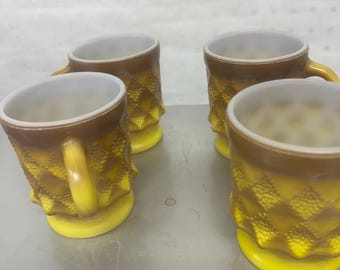 Vintage Fire King Kimberly Diamond mokken geel en bruin ombre set van 4 inch