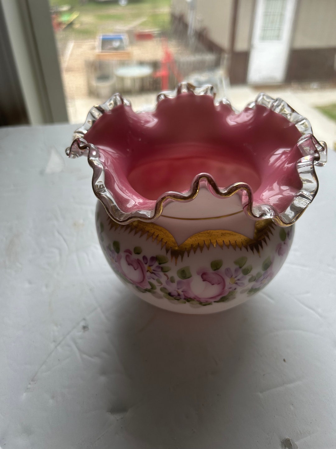 Vintage Fenton Pink Peachblow Silver Crest Decorative Bowl