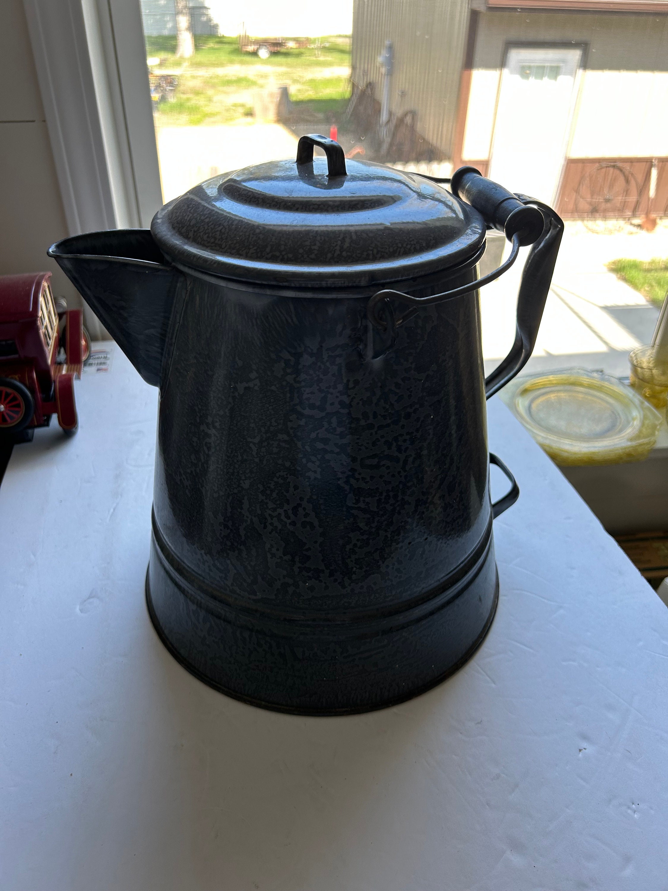 Large 13 inch Cowboy Camp Antique Graniteware Coffee Pot