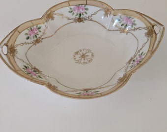 Vintage Hand Painted Nippon Porcelain Celery Bowl Dish Gold Gilt Drapeing Pink Roses