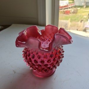 Vintage Fenton Cranberry White Hobnail ruffled collectible glass Vase