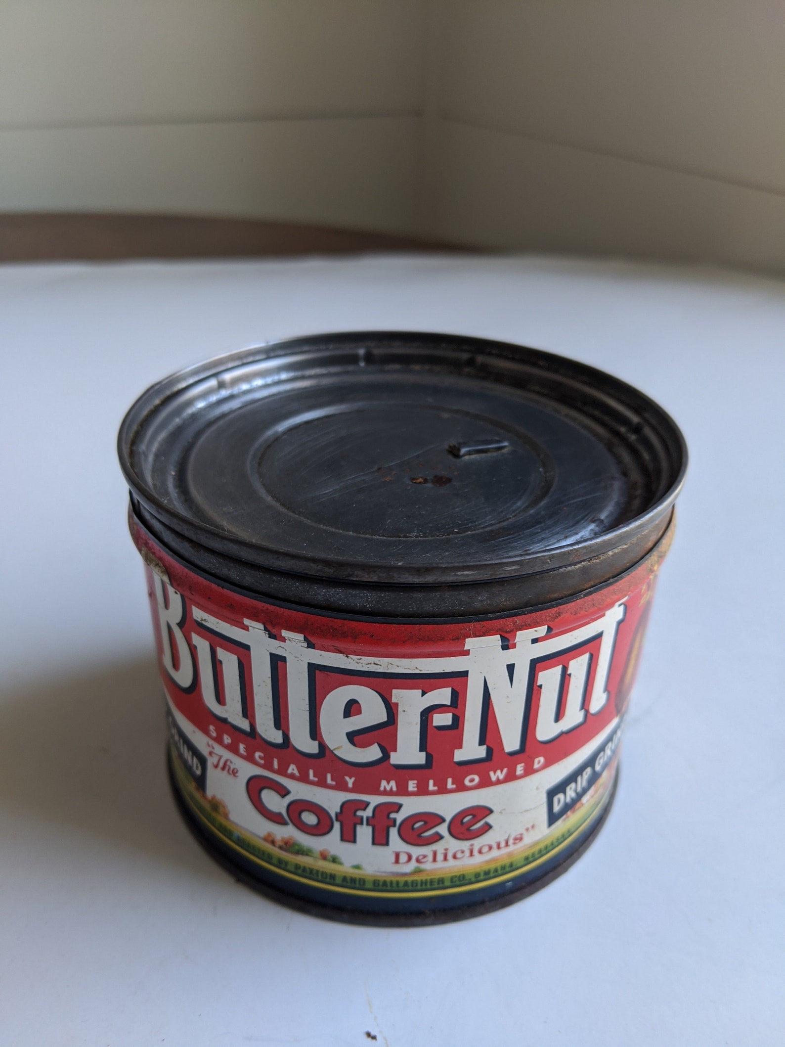 Vintage Butternut Coffee Tin With Lid Half Pound Can 1950s Paxton and