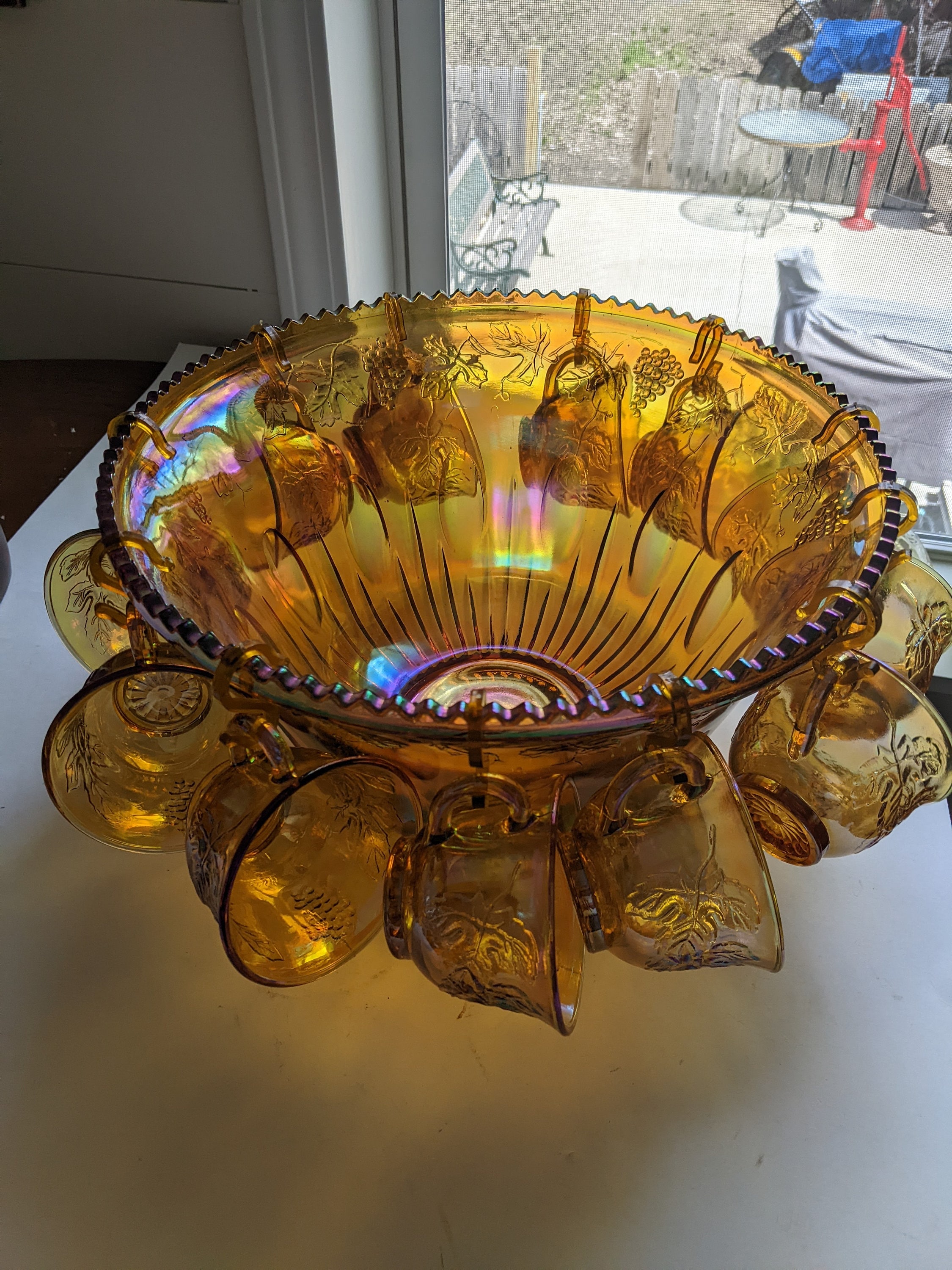 Marigold Iridescent Indiana Carnival Glass Punch Bowl Set • 60s