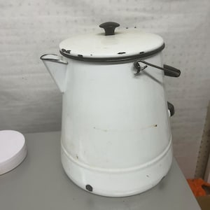 1930s Cowboy Coffee Pot Enamelware, Large Black and White Enamel Pot