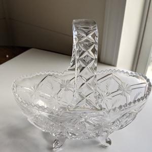 Vintage Clear Cut Crystal Leaf and Floral Design Footed Oval Basket