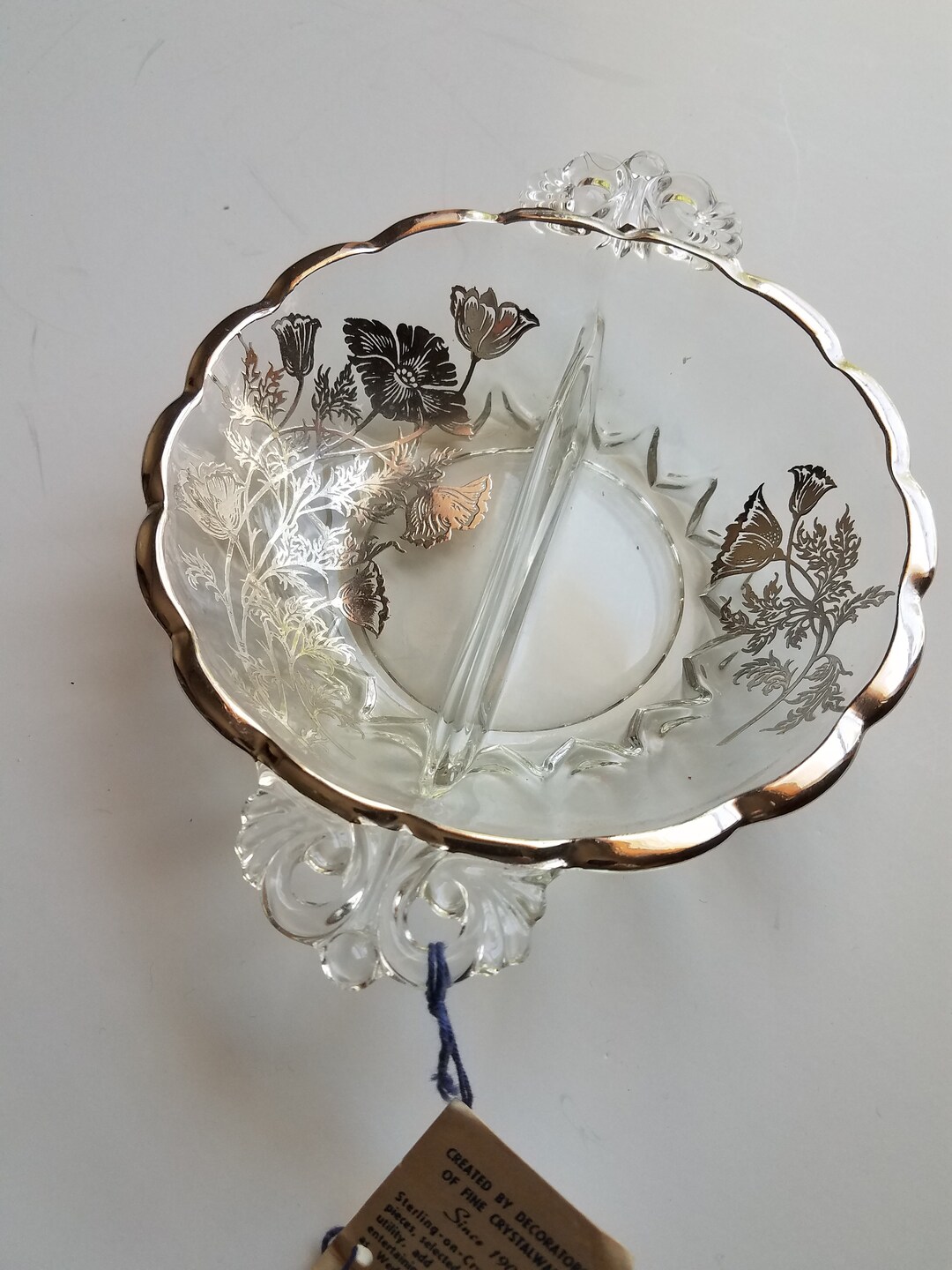 Vintage Relish Dish, Clear Glass Divided Dish With Silver Floral