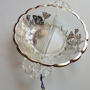 Vintage Relish Dish, Clear Glass Divided Dish with Silver Floral Overlay, Silver City Glass Company, 1950s