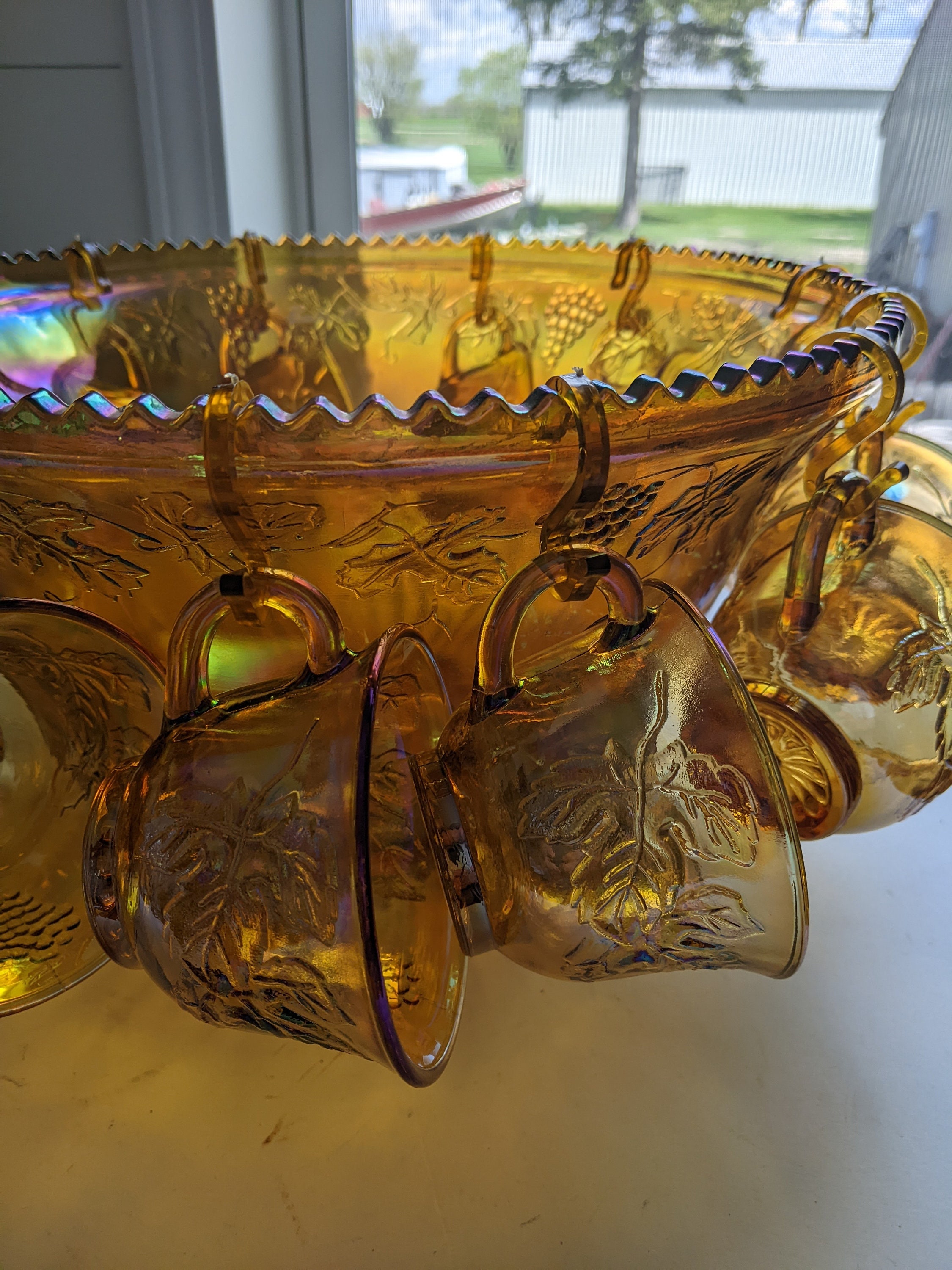 Marigold Iridescent Indiana Carnival Glass Punch Bowl Set • 60s
