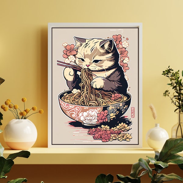 Katze isst Ramen Wandkunst | Japanische Katze Wandbild | Japanisches Tier Poster | Japanische Wanddekoration | Lustige Tier Wand Kunst |