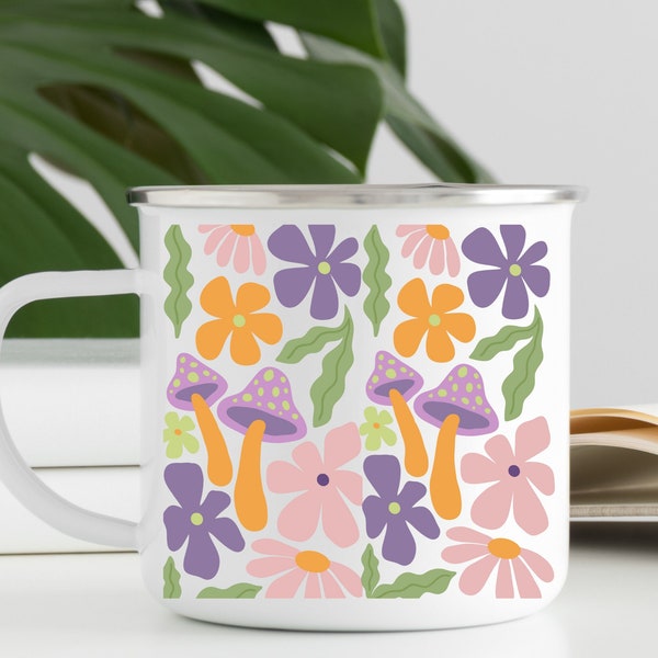 Retro Mushroom Floral Mug | Cute Flower Mug | 70's Theme Mug | Gift For wife | Forager Gift Idea | Mushroom Camping Mug |