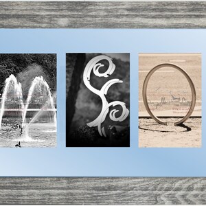 May include: A framed artwork with three separate images. The left image is a monochrome photograph of a fountain. The central image is a white, abstract sculpture. The right image is a circular metal sculpture with text.