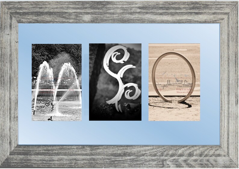 May include: A framed artwork with three separate images. The left image is a monochrome photograph of a fountain. The central image is a white, abstract sculpture. The right image is a circular metal sculpture with text.