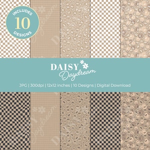 Könnte beinhalten: Ein Set mit 10 digitalen Papierdesigns mit verschiedenen Mustern in Braun und Weiß. Die Muster umfassen ein Gitter, ein Schachbrettmuster und Smiley-Gesichter. Der Text "INCLUDES 10 DESIGNS" und "DAISY Daydream" ist ebenfalls im Bild enthalten.