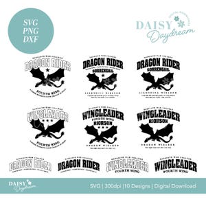 Könnte beinhalten: Zehn digitale Designs in Schwarzweiß mit Drachen- und Flügel-Illustrationen. Die Designs beinhalten den Text "Dragon Rider", "Wingleader", "Fourth Wing", "Sorrengail", "Riorson", "Lightning Wielder" und "Shadow Wielder".