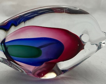 Vintage Hand Blown Sommerso Glass Fish Tri Color Pinched Eyes 8" L by 3" T