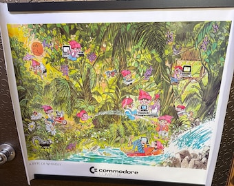 May include: A colorful illustration of cartoon gnomes using Commodore computers in a jungle setting. The text "A Byte of Whimsy" and the Commodore logo are at the bottom of the image.