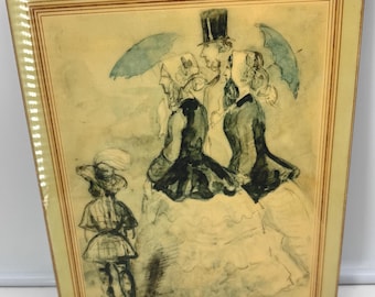 May include: A framed artwork featuring a watercolor-style illustration of figures with umbrellas. The artwork has a light yellow background with a brown border. The figures are dressed in period clothing, with a child in the foreground.