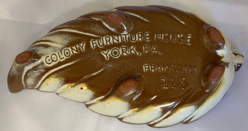 Stamped on Back Frankoma Pottery Leaf Dish #225 Promo With Colony Furniture House York P A