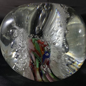 JIM KARG Art Glass Paperweight - Multi Color Ribbon, Controlled Bubbles Three Sided and Signed.
