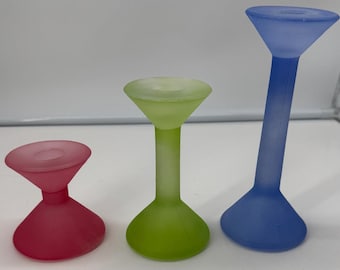 Vintage Set of 3 Frosted Glass Multi Color Candlestick Holders 7", 5" and 3"