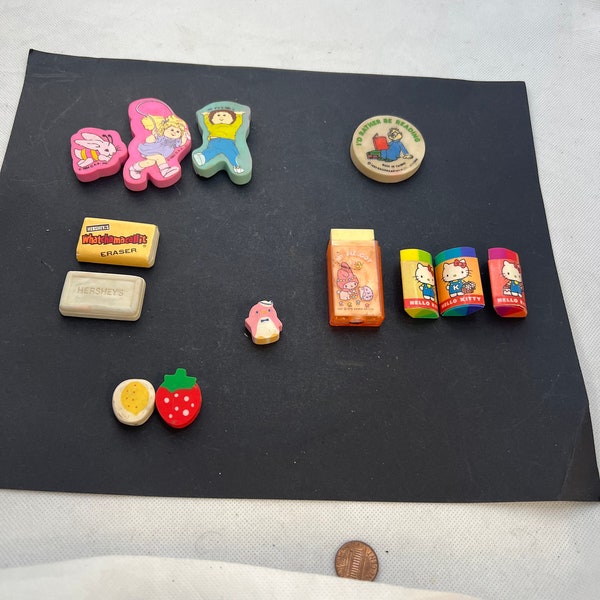Vintage 1980s School Erasers Cabbage Patch, Hello Kitty, Hershey Bars and Alvin and the Chipmunks.