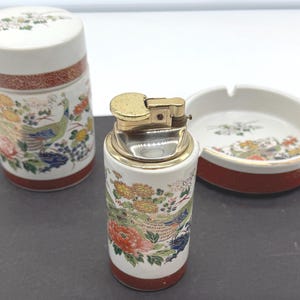 Set of 3 Japanese Porcelain Lighter, Ashtray And Cigarette Holder Peacocks