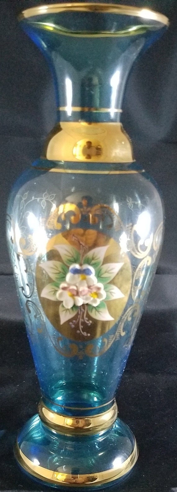 Vecchia Murano Glass Vases Aqua Blue 24k Gold Leaf Raised Hand Etsy