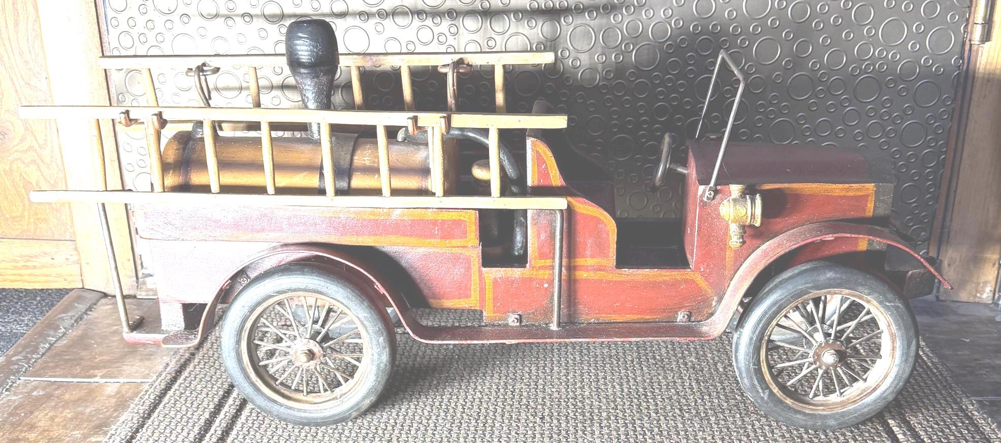 Antique 1930s Leonardo Luna Handmade Wood and Metal Toy Fire Truck