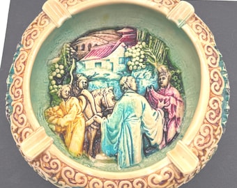 Vintage Asian/Chinese Resin Figural Ashtray Hand Carved/Painted 3D Oriental Scene 8" Wide