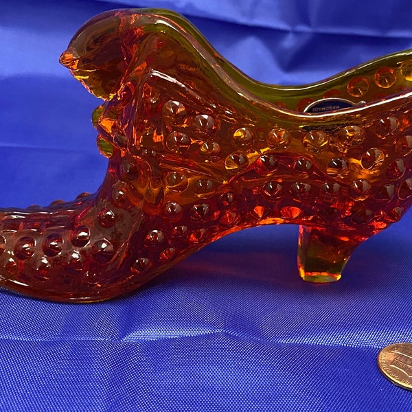 Fenton Amberina Hobnail 3995 OR Slipper Cats Head. 6" Long. With Label.