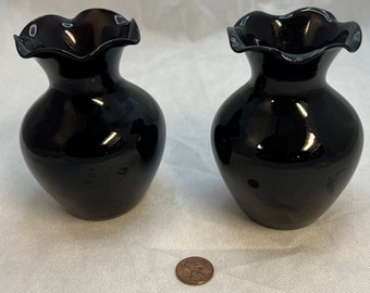 Two Vintage Black/Amethyst Glass 4.25" Tall Bud Vases.
