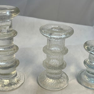 Set of 3 Iittala Glass Candlestick Holders Attributed to Timo Sarpaneva 3,2 and 1 Ring.