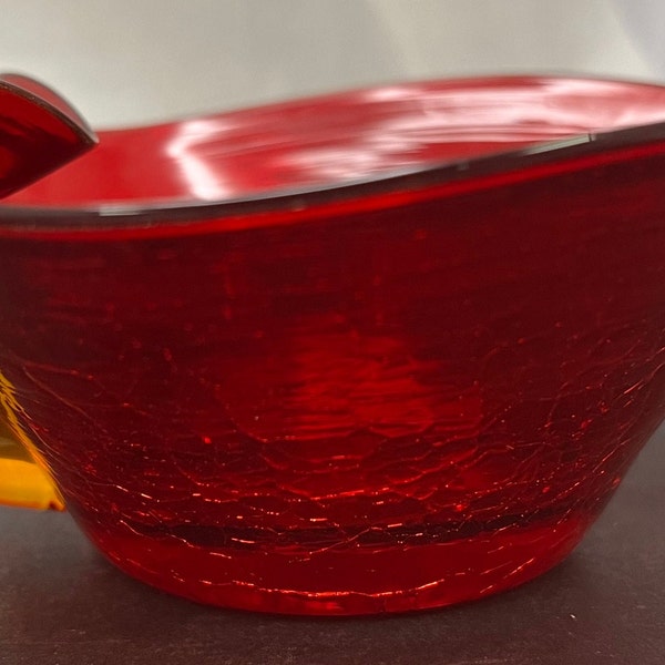 Blenko/Kanawha Amberina Crackle Glass Folded lip Bowl W/Applied Handle 6.75" Wide