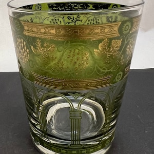 Vintage CERA Double Old Fashioned Glass/Tumbler 4.5&quot; T Gold Grapes MCM