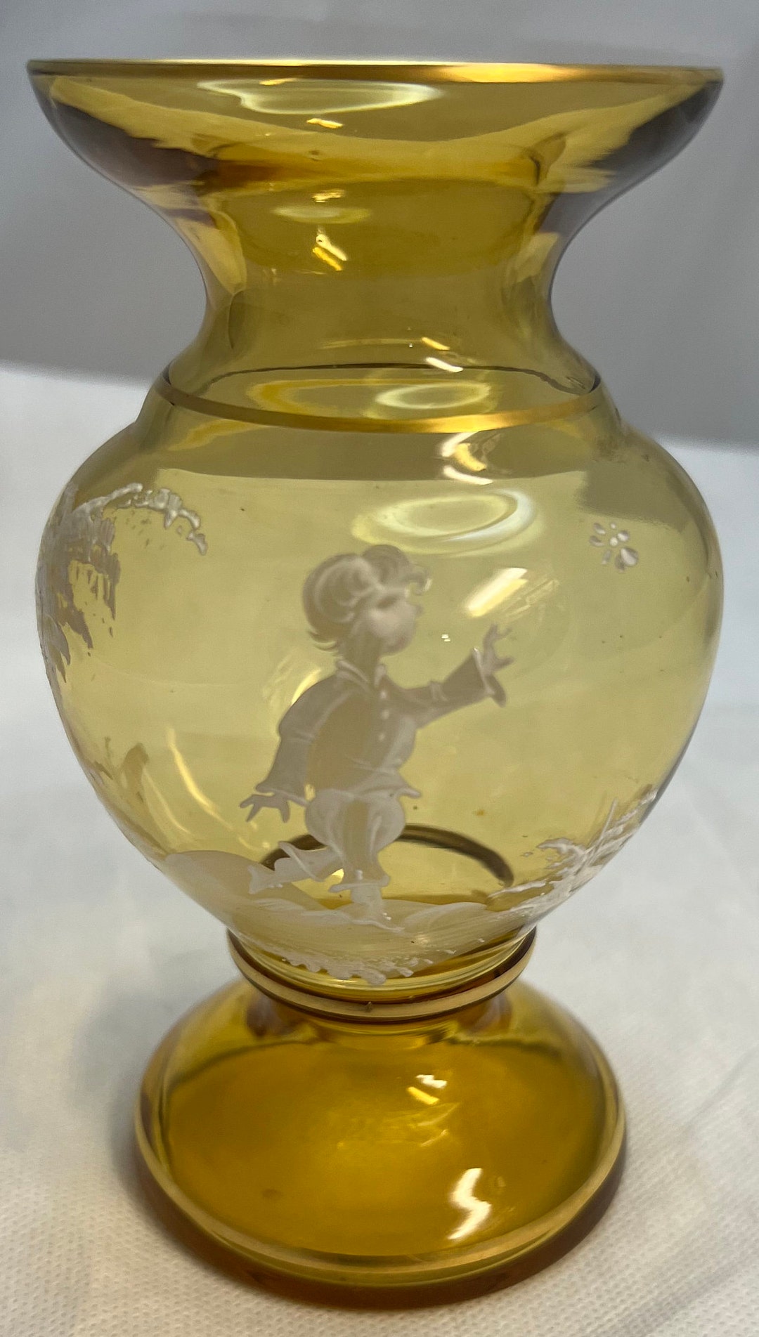Mary Gregory Victorian Girl & Butterfly Amber Glass Vase Gold Trim Hand ...