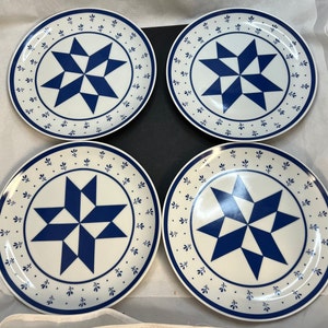 4 CURZON Blue & White Geometric Shapes Plates 8 3/8&quot; Made in Japan.