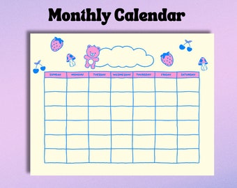 Calendario sin fecha imprimible digital ilustrado Descarga instantánea Linda ilustración Doodle 2024