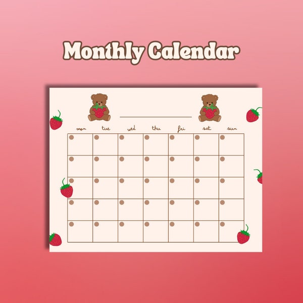 Strawberry Bear Printable Monthly Illustrated Calendar Undated