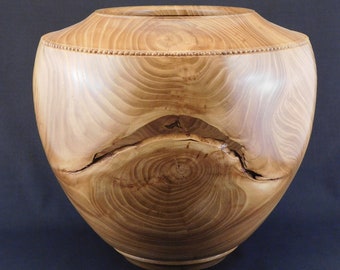 Handmade Elm Wood Vessel – Carved Bead Crown, Unique Home Art (#263)