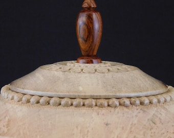Hand-Carved Holly Wood Urn | Pet or Human Ashes, Bead and Flower Carvings (U.421)