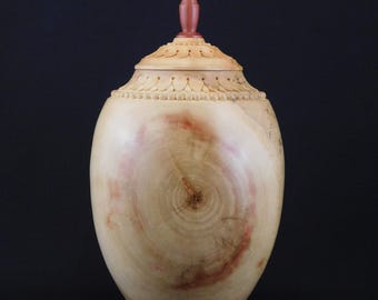 Hand-Carved Box Elder Wood Urn | Natural red coloring and ornate bead and petal carvings | Pet or Human Ashes (U.414)