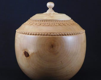 Hand Carved River Birch Wood Urn | Lidded Funeral Cremation Vessel (U.466)