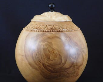 Hand Carved Alaskan Birch Urn | Wooden Memorial Cremation Vessel (U.439)