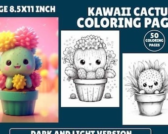 May include: A set of 50 coloring pages featuring cute kawaii cactus illustrations. The pages are 8.5x11 inches and include both dark and light versions.
