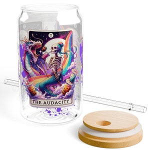 Skelett Meerjungfrau Glasbecher, Glas mit Deckel Stroh, 16 Unzen Glasbecher, niedlicher Becher Becher, Skelettglasbecher, Funktionsglas, Kristallbecher