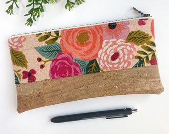 Floral Notions Bag - Cork Bag - Cosmetic Pouch - Rifle Paper Pouch - Knitting Needle Bag - Canvas Pouch - Vegan Leather Pouch - Project Bag