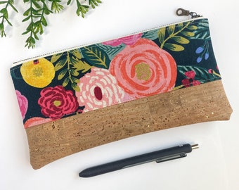 Floral Notions Bag - Cork Bag - Cosmetic Pouch - Rifle Paper Pouch - Knitting Needle Bag - Canvas Pouch - Vegan Leather Pouch - Project Bag