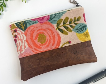 Floral Notions Bag - Cork Bag - Cosmetic Pouch - Rifle Paper Pouch - Knitting Needle Bag - Canvas Pouch - Vegan Leather Pouch - Project Bag