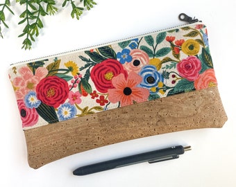 Floral Notions Bag - Cork Bag - Cosmetic Pouch - Rifle Paper Pouch - Knitting Needle Bag - Canvas Pouch - Vegan Leather Pouch - Project Bag